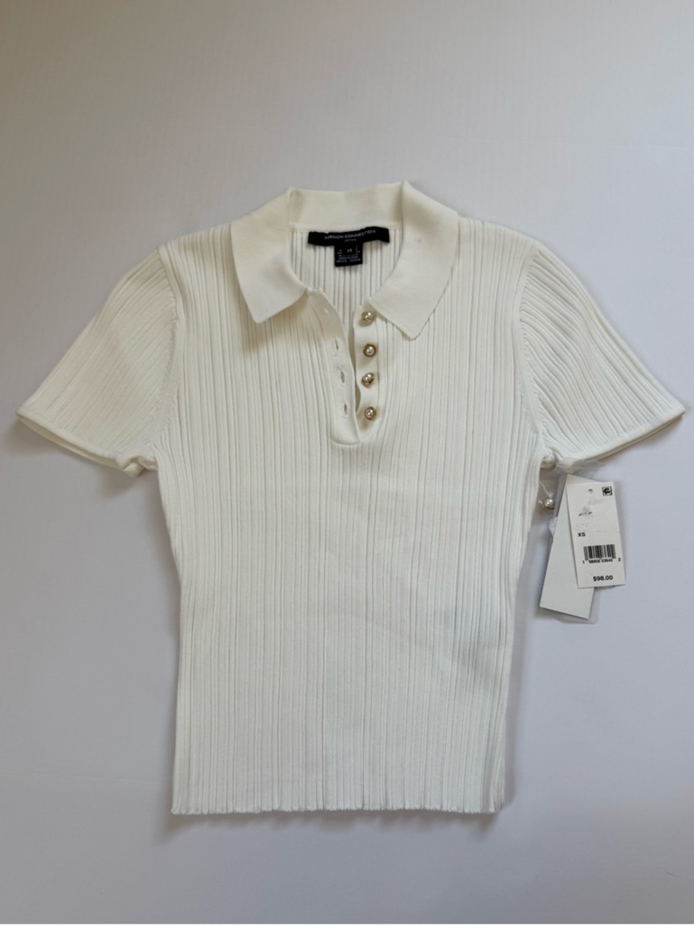 French Connection Cream Ribbed Short Sleeve Polo Top